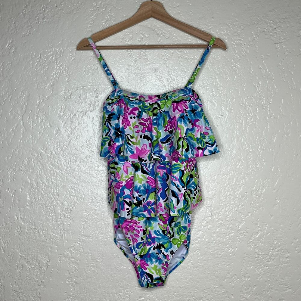 Caribbean Joe One Piece Swimsuit Modest Ruffle Floral Tropical‎ Women XL